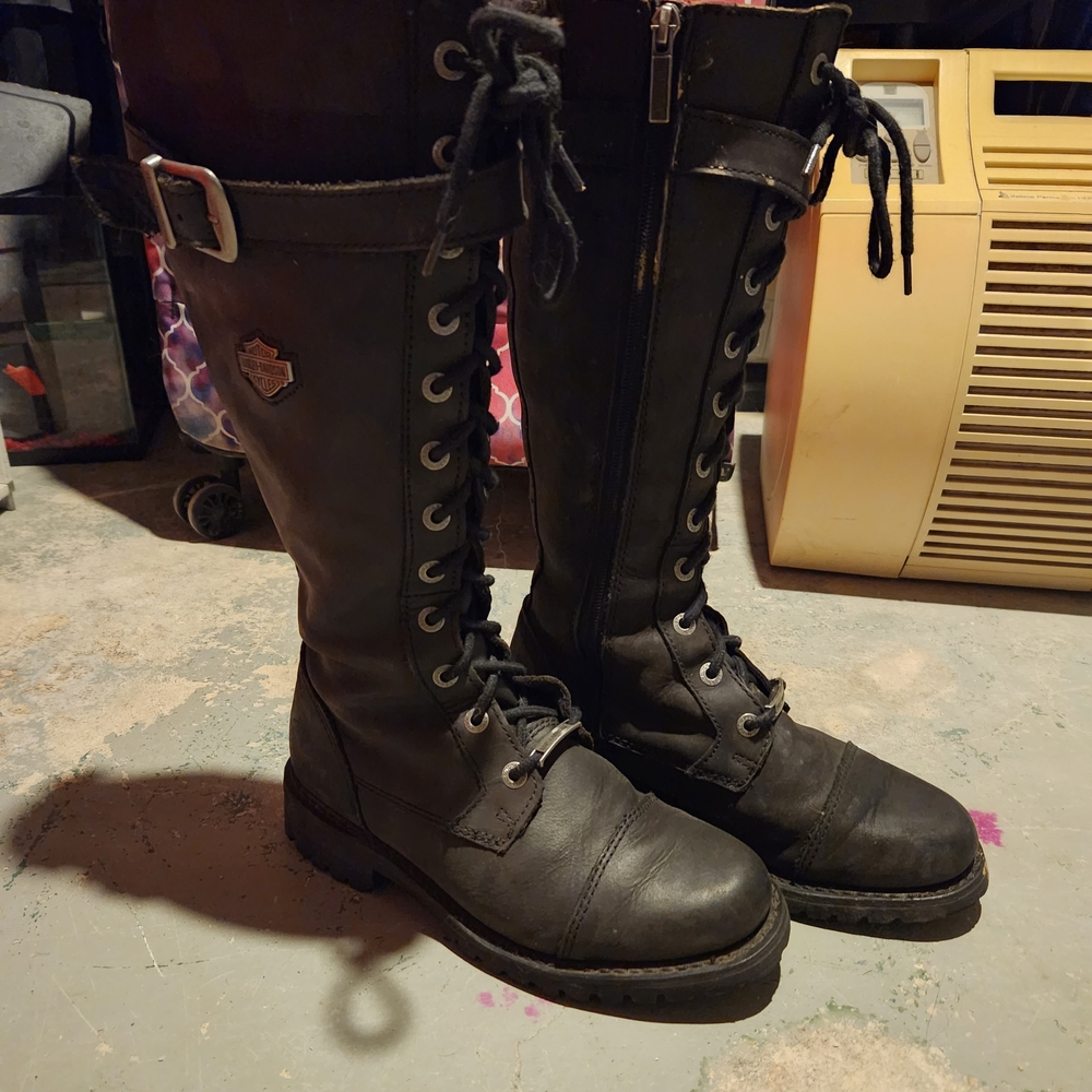 Harley-Davidson Black Lace-Up And Zipper, Knee Boots, 7.5